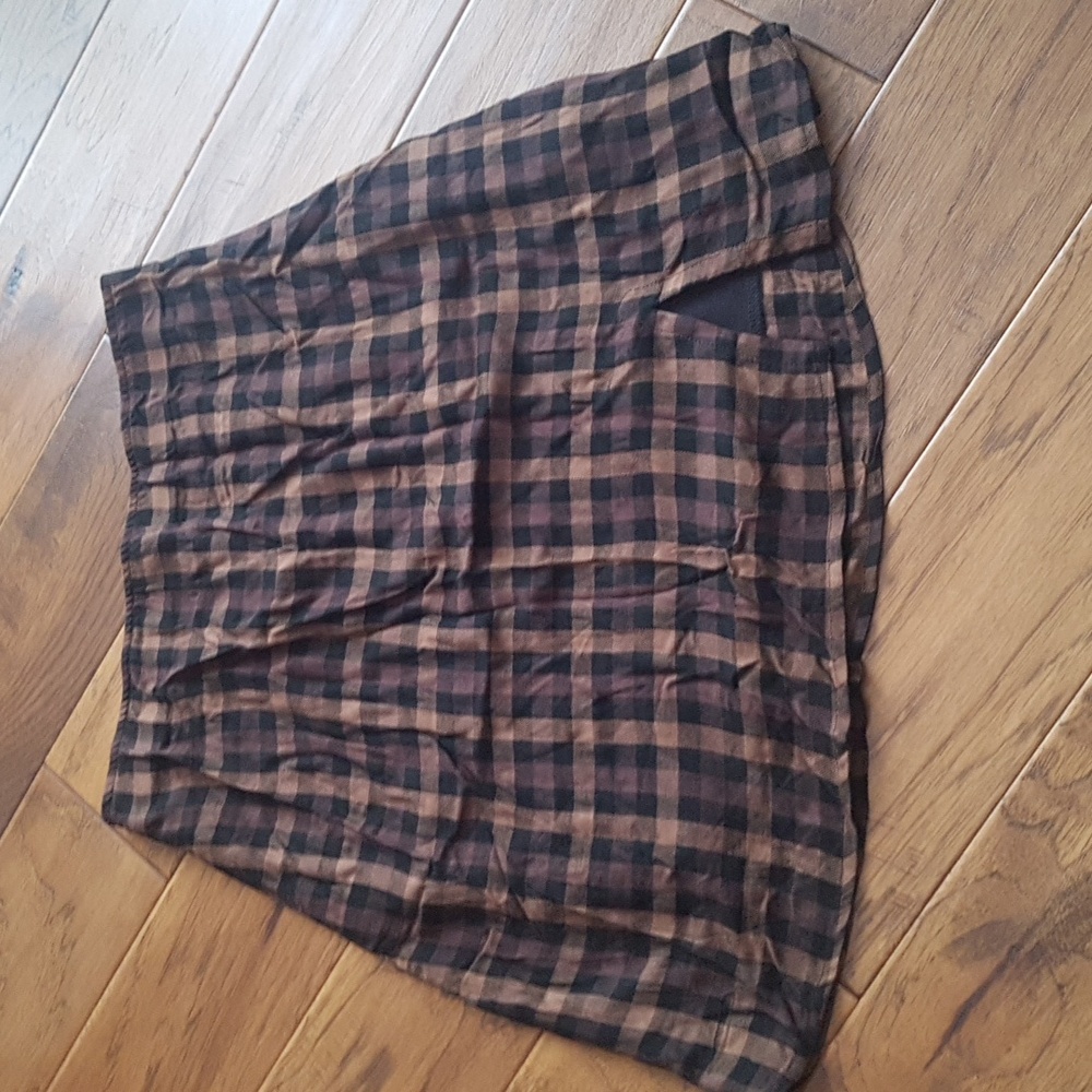 Bluenotes Plaid Elastic Waist Side Zipper Black Brown Mini Skirt Size L